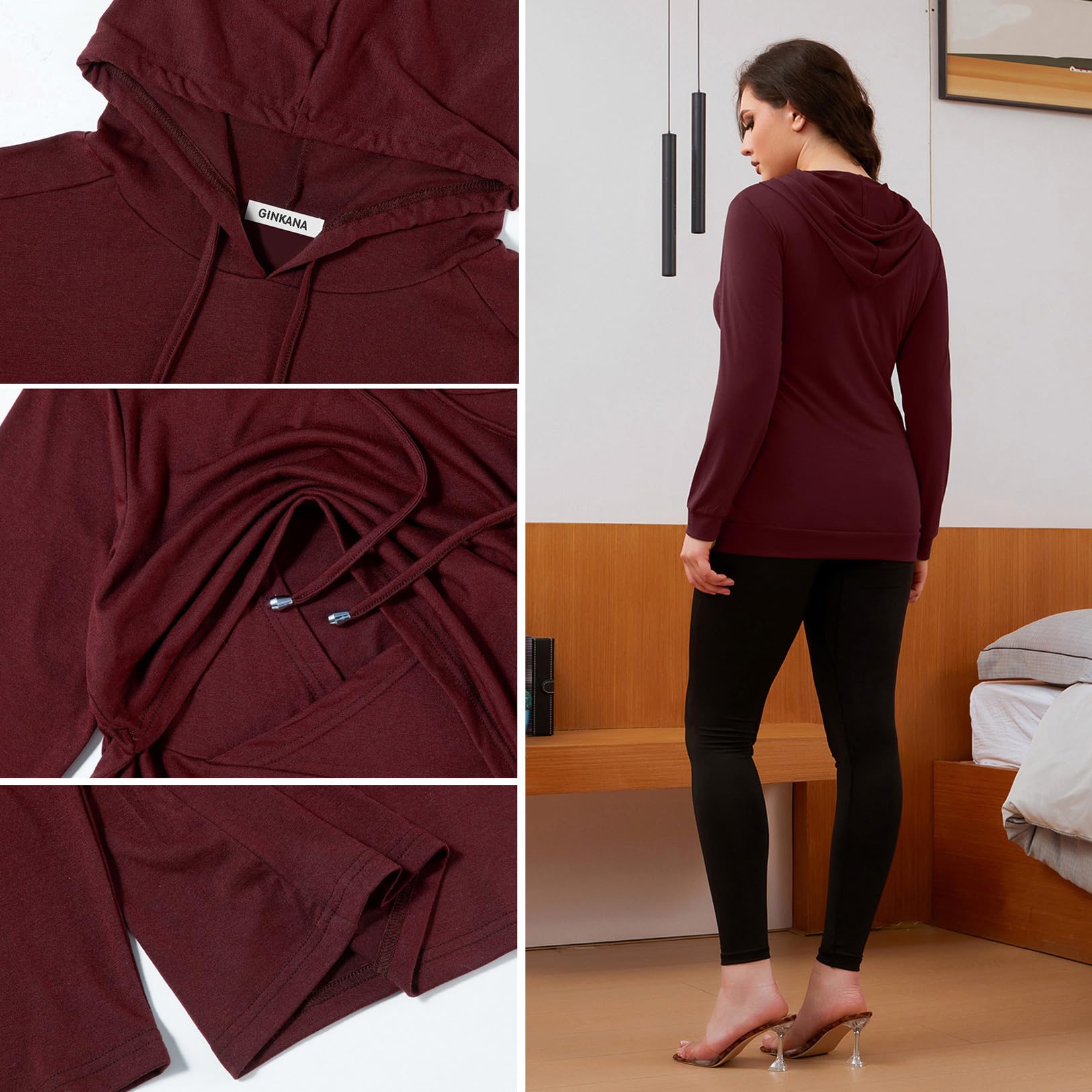 GINKANA Women's Nursing Hoodie Sweatshirt Long Sleeves Breastfeeding Maternity Tops Casual Clothes,S Burgundy Red