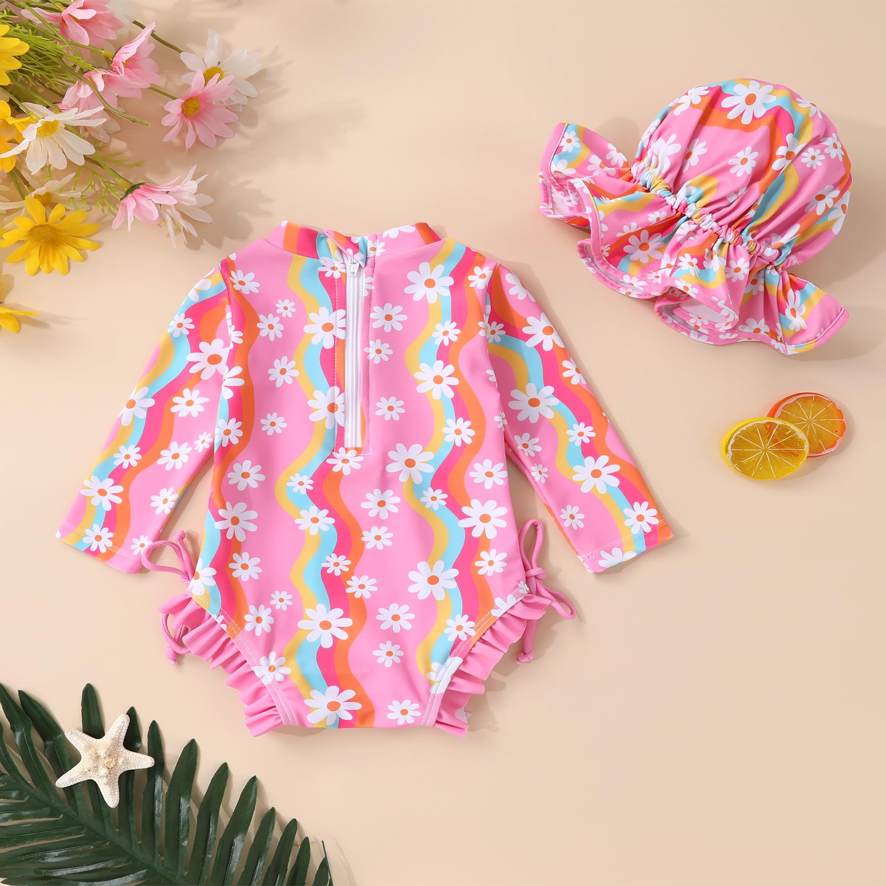 Infant Baby Girl Swimsuit One-Piece Long Sleeve Rash Guard with Hat Set Floral Zipper Bathing Suit Leopard Beach Wear