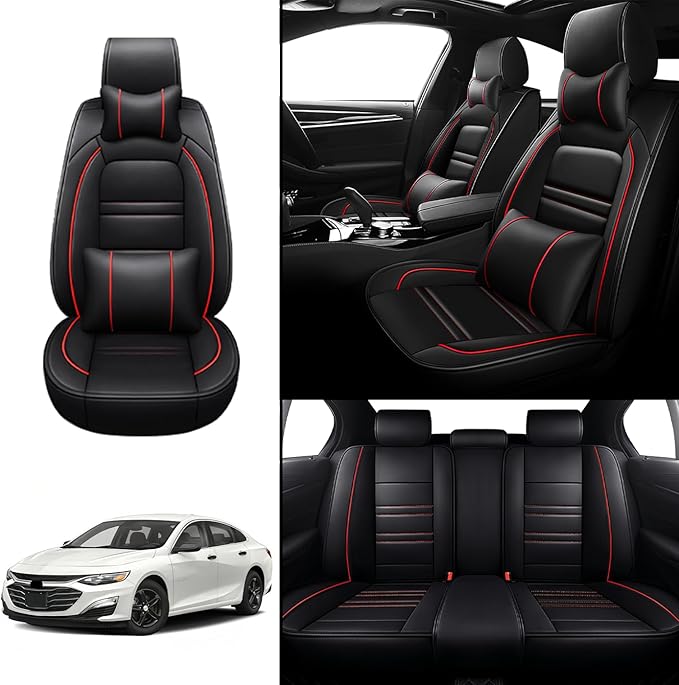 Car Seat Covers for Malibu 2004-2025 | 5-Seats Seat Covers, Waterproof Seat Protectors, Automotive Seat Covers (Full Set with Pillow,Black&Red Line)