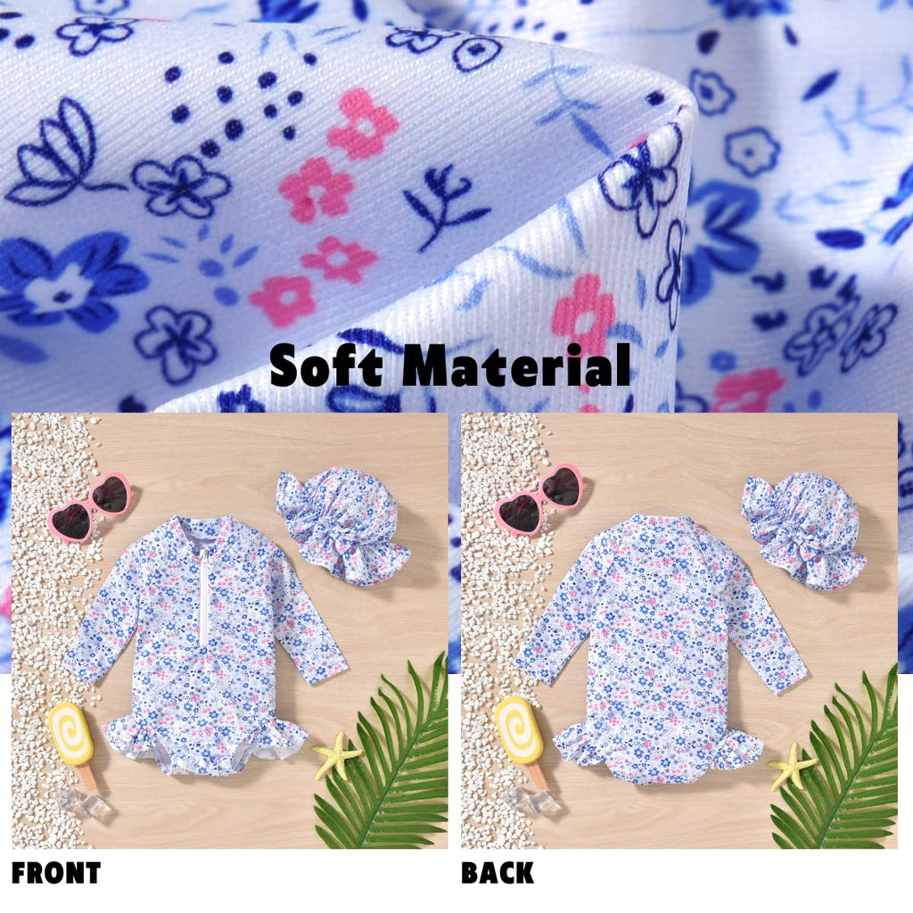 6-12 Months Infant Baby Girls One Piece Long Sleeve Swimsuit Floral Bathing Suit Zip Up Swimwear Beach Wear Blue Flower
