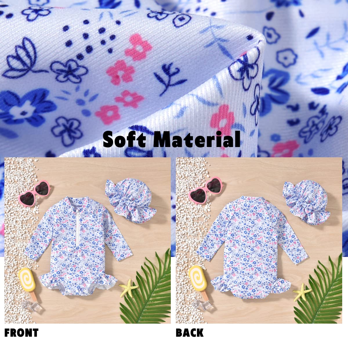 Newborn Infant Baby Girls One Piece Long Sleeve Swimsuit Floral Bathing Suit Zip Up Swimwear Beach Wear NB Blue Flower