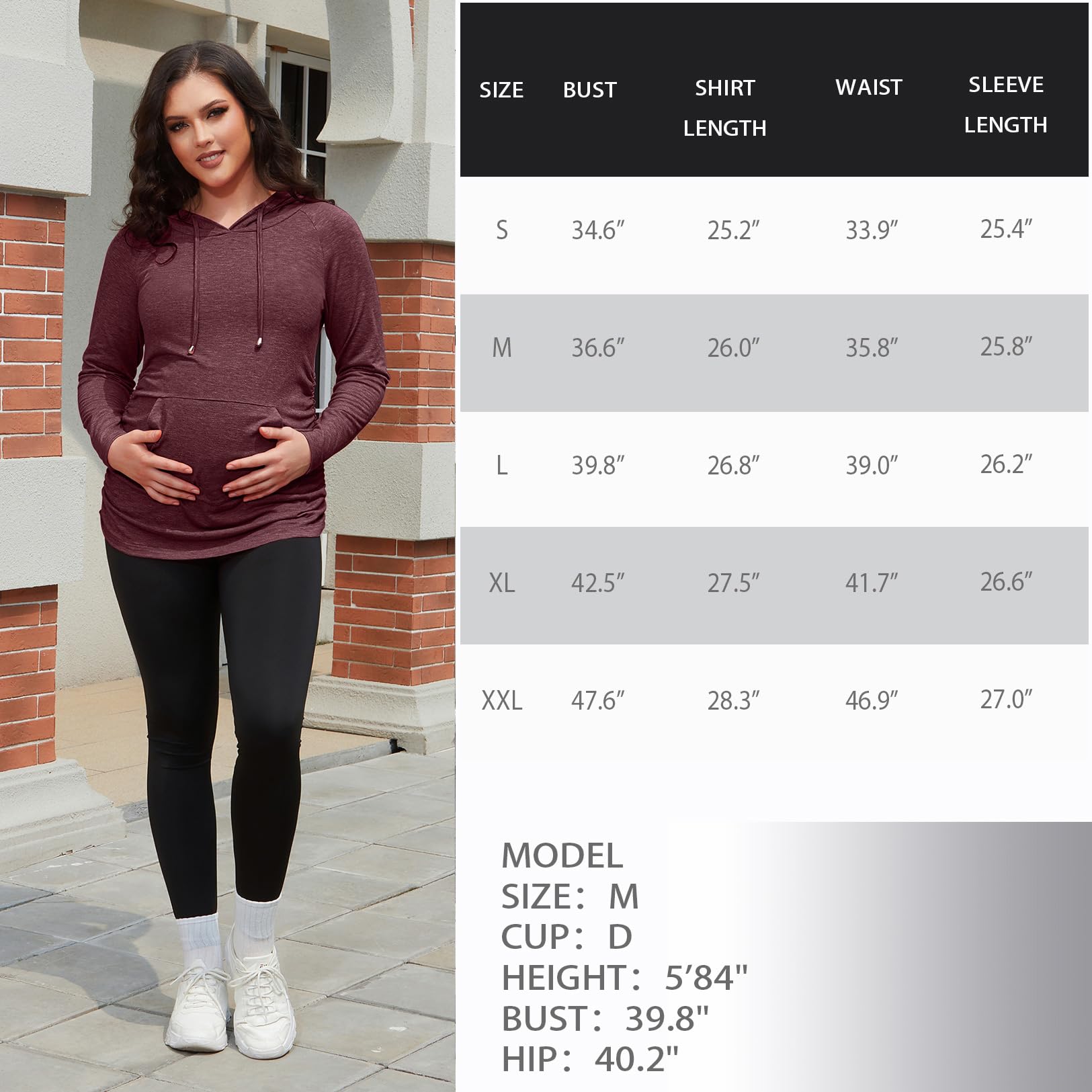 GINKANA Maternity Hoodie Long Sleeves Shirts Top Pregnancy Sweatshirt Casual Maternity Blouses,Maroon,M