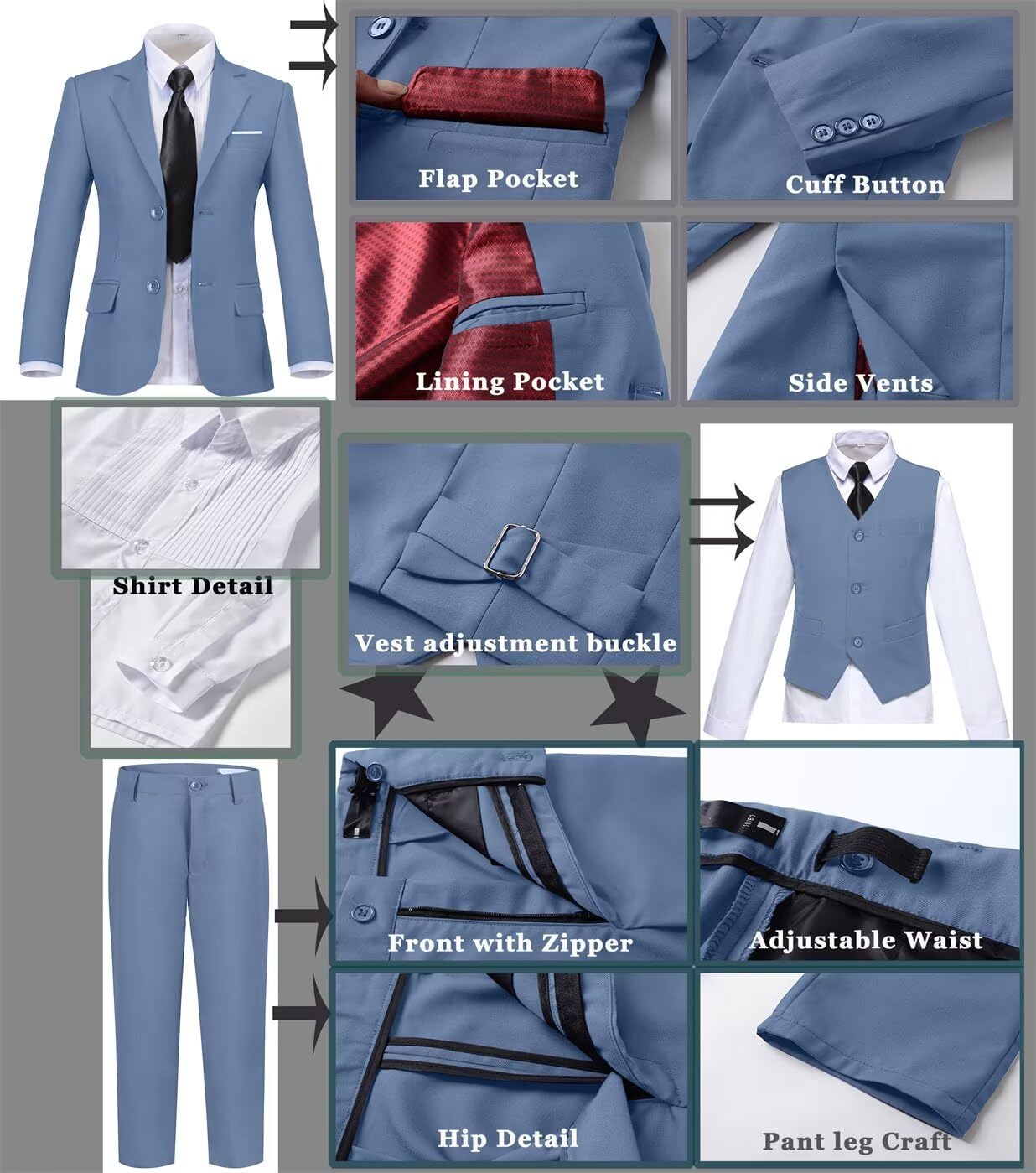 Boys Suit 6 Piece Formal Tuexdo Suit Set Boy Dress Outfit Blue Grey 4