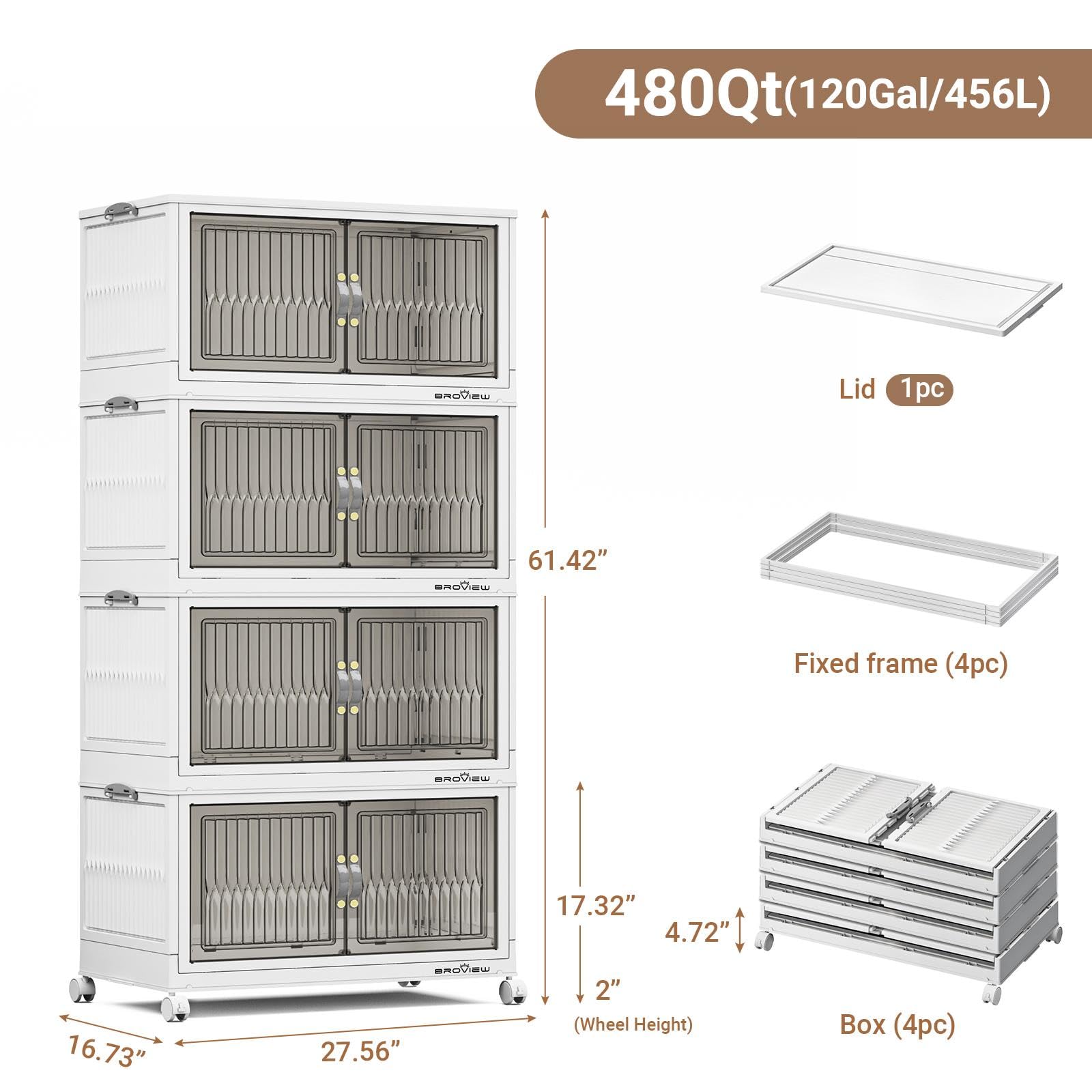 BROVIEW 480Qt Stackable Storage Bins with Lids, Extra Large Closet Organizer Collapsible Drawer Boxes with Wheels, Folding Plastic Cabinet Containers for Home Kitchen Room Organization, 4Pack White