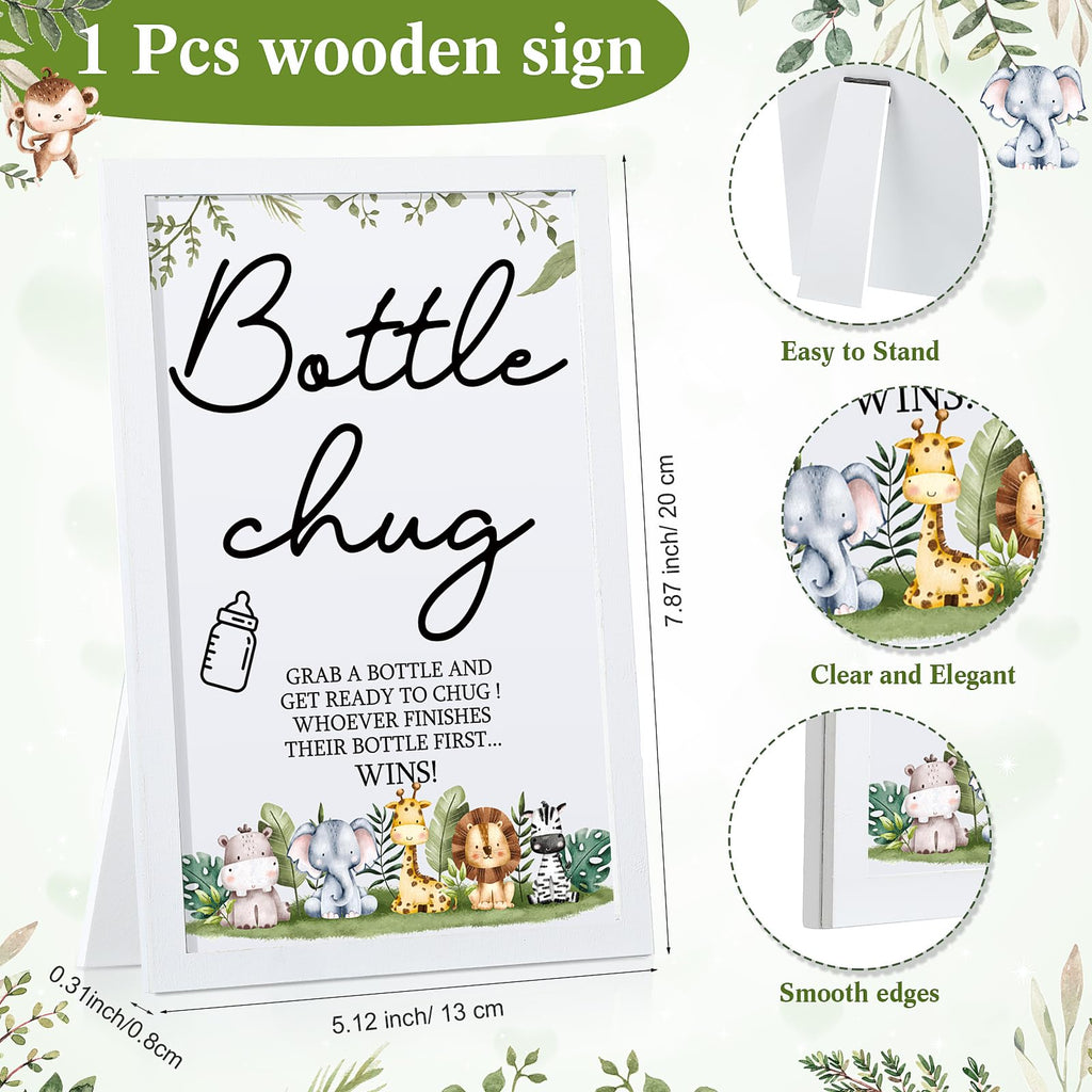 Roowest Bottle Chug Baby Shower Game Favors Including Safari Animals Theme Wooden Sign and 18 Pcs Baby Bottles for Gender Reveal Party Supplies