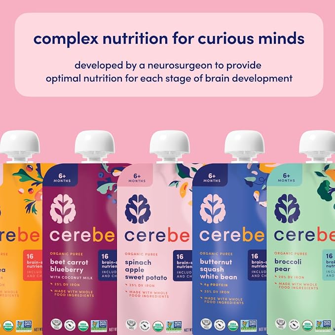 Cerebelly Organic Baby Food Pouches, Spinach Apple Sweet Potato Purees, 16 Nutrients, No Added Sugar, Fiber & Non-GMO, 4oz, 6 Pack