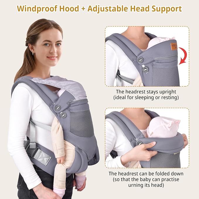 Baby Carrier Newborn to Toddler,Ergonomic Safe Soft Breathable Infant Carrier with Adjustable Head Neck Support - Outdoor Kangaroo Front & Back Carry Baby Carriers for Baby 8-40lbs(Grey