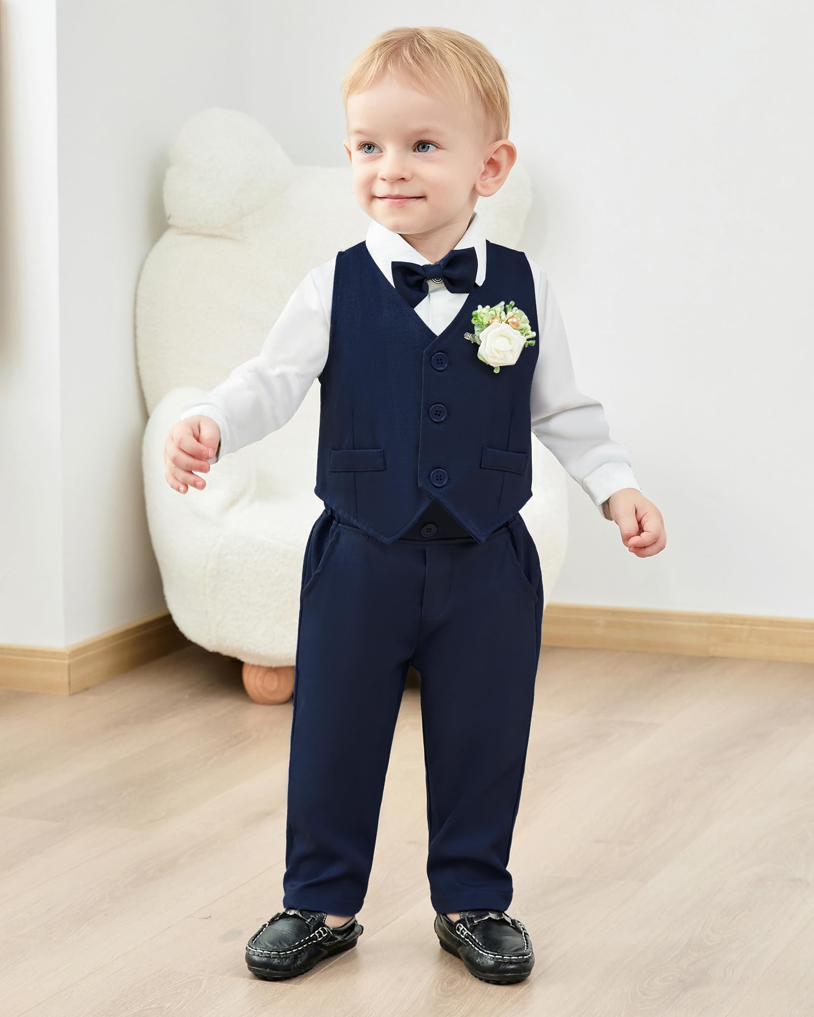 SANMIO Baby Boy Clothes Suits Infant Gentleman Outfit Collared Dress Shirt+Vest+Tie+Corsage+Pants 5Pcs Baby Suit Sets Navy Blue