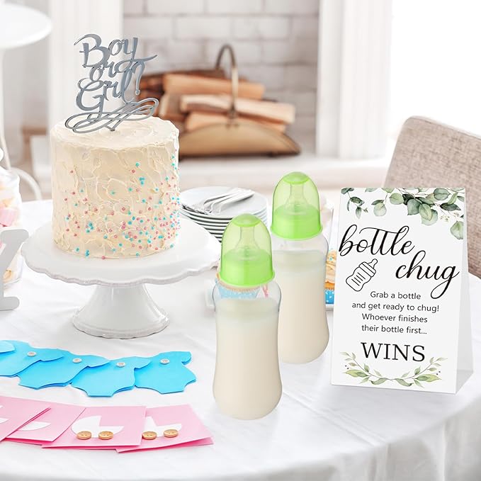 TrelaCo Cool Baby Shower Games Sets 12 Pcs Feeding Bottles with 1 Bottle Chug Sign for Gender Reveal Baby Shower Party Favors Decoration Games(Leaves,Green)