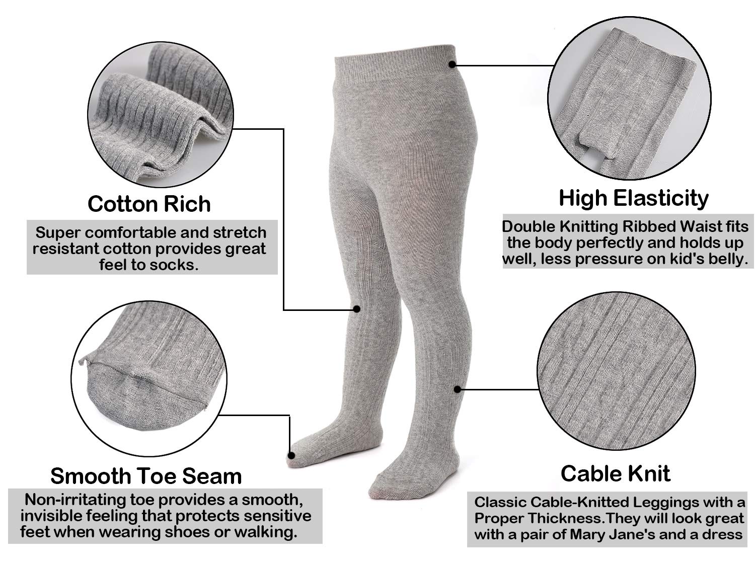 EPEIUS Baby Tights Toddler & Little Girls Cable Knit Tights Solid Cotton Stockings Seamless Footed Leggings Pantyhose Baby Clothes Dress Tights 6-8 Years,3 Pack,Pink/White/Light Grey