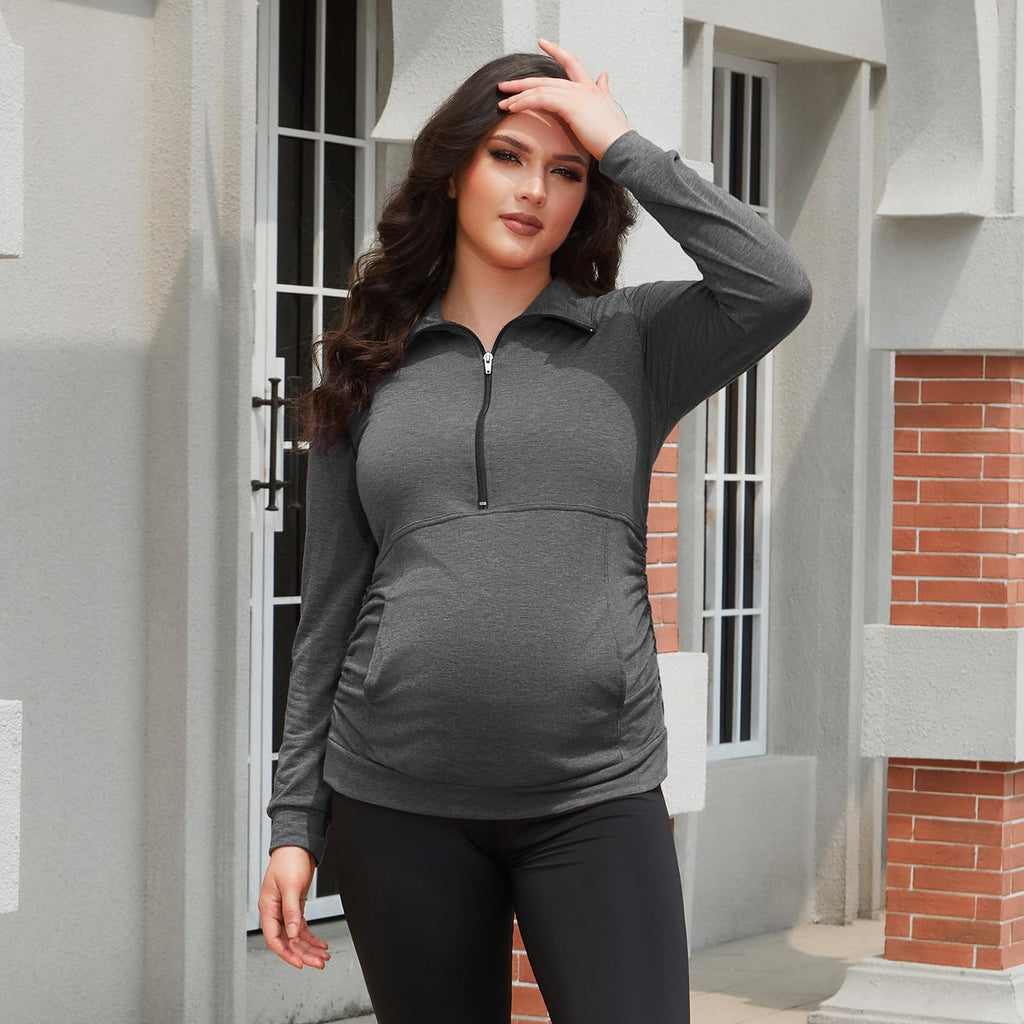 GINKANA Maternity Shirt Half Zipper Lapel Pregnancy Sweatshirts Casual Long Sleeve Maternity Pullover with Pockets,Deep Grey,S