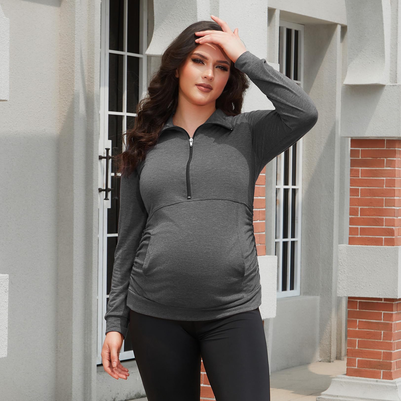 GINKANA Maternity Shirt Half Zipper Lapel Pregnancy Sweatshirts Casual Long Sleeve Maternity Pullover with Pockets,Deep Grey,S