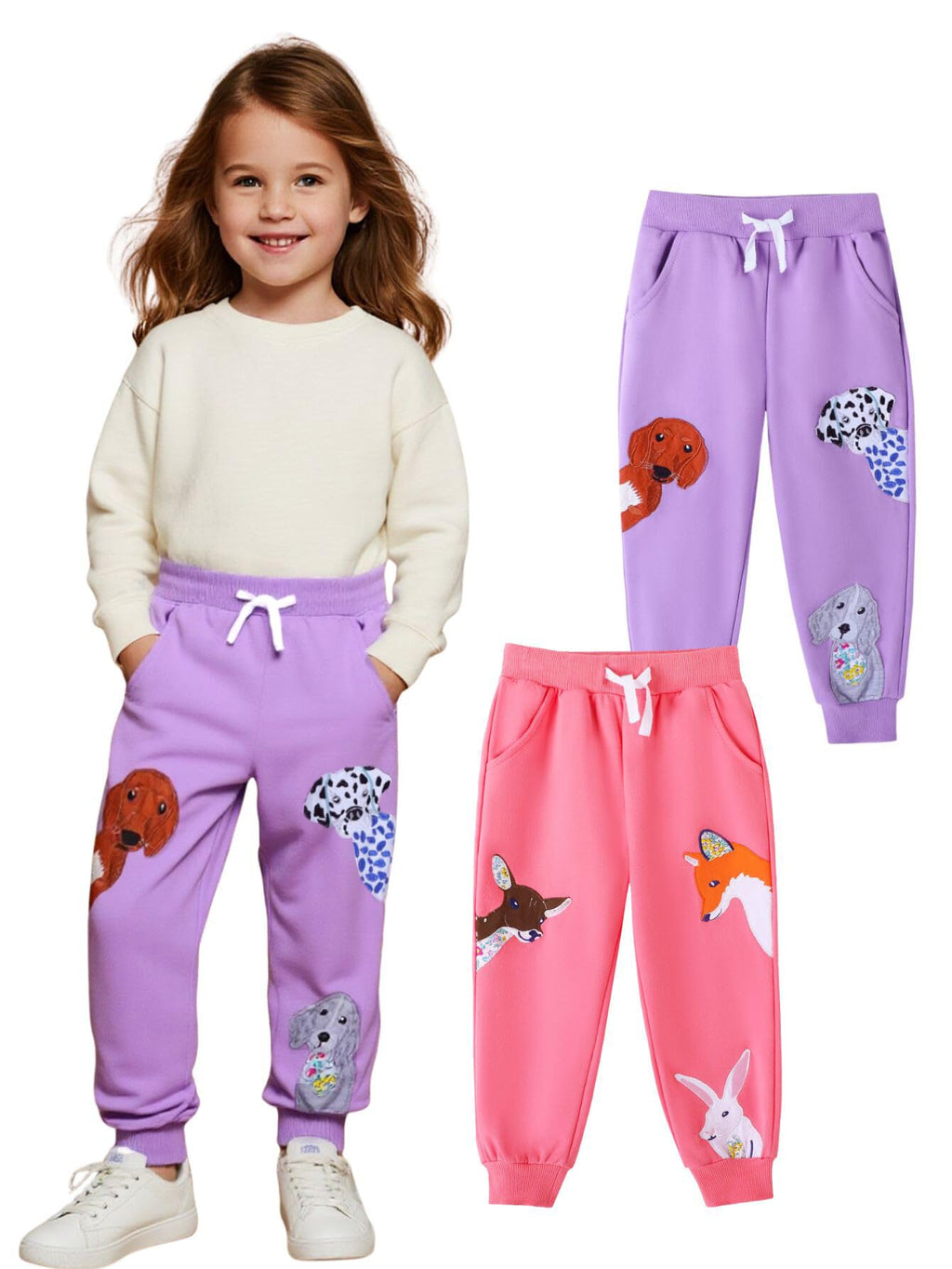 HILEELANG Baby Girls Cotton Joggers Sweatpants Animal Embroidery Drawstring Waist and Pockets-Pink Purple Casual Athletic Pants for Kids 18M