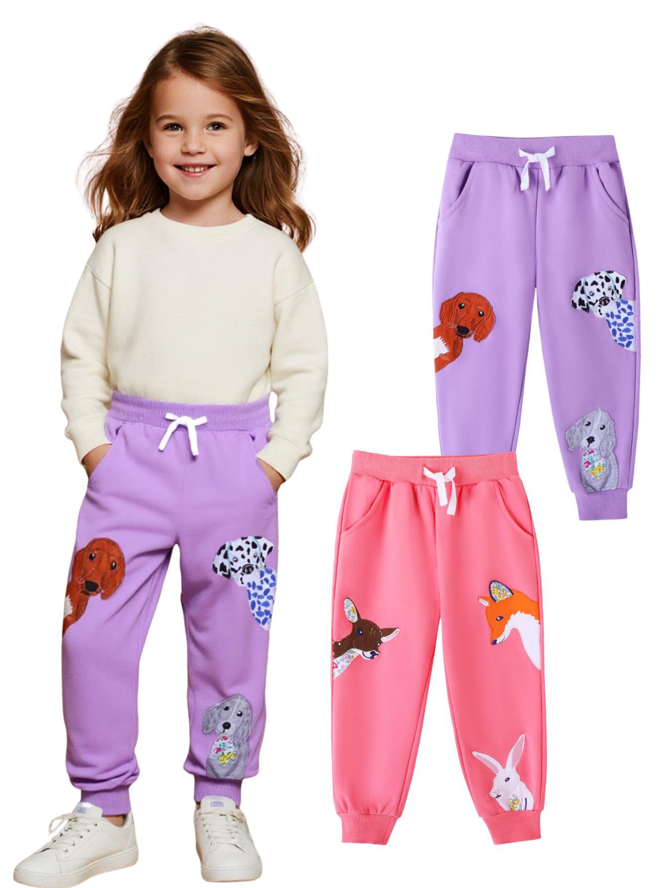 HILEELANG Baby Girls Cotton Joggers Sweatpants Animal Embroidery Drawstring Waist and Pockets-Pink Purple Casual Athletic Pants for Kids 18M