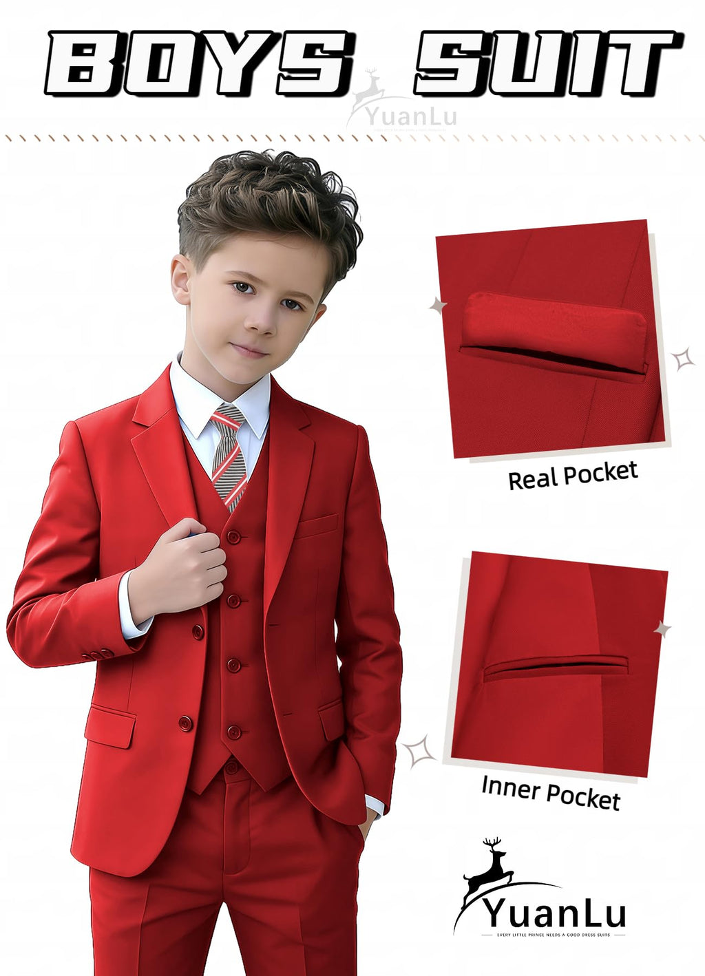 Youth Suits for Boys Slim Fit Red Tuxedo Kids Christmas Suit Size 10