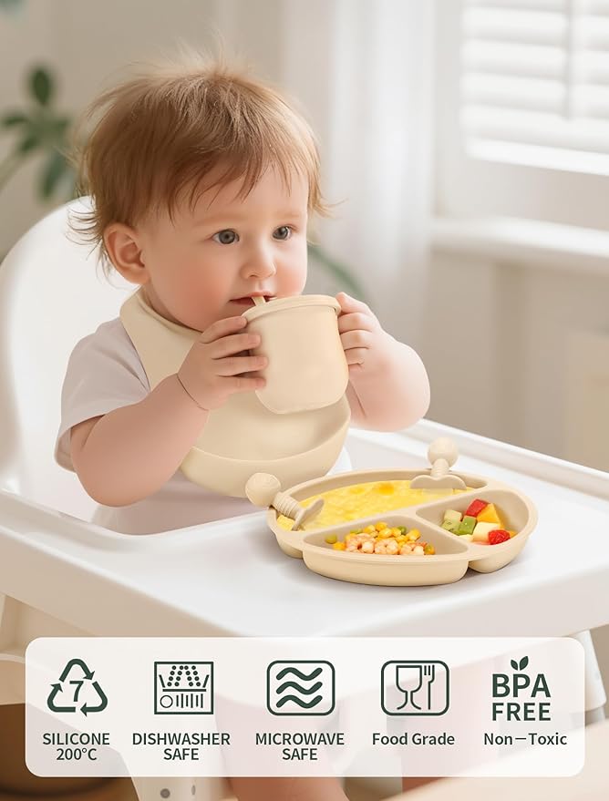 Silicone Baby Feeding Set 9 Pcs, Spill-Proof Suction Plate, Bowl, Bib, Silicone spoon&forks, Wooden Spoons&forks, Training cup with straw and Sippy Cup, Baby Eating Utensils (Beige)