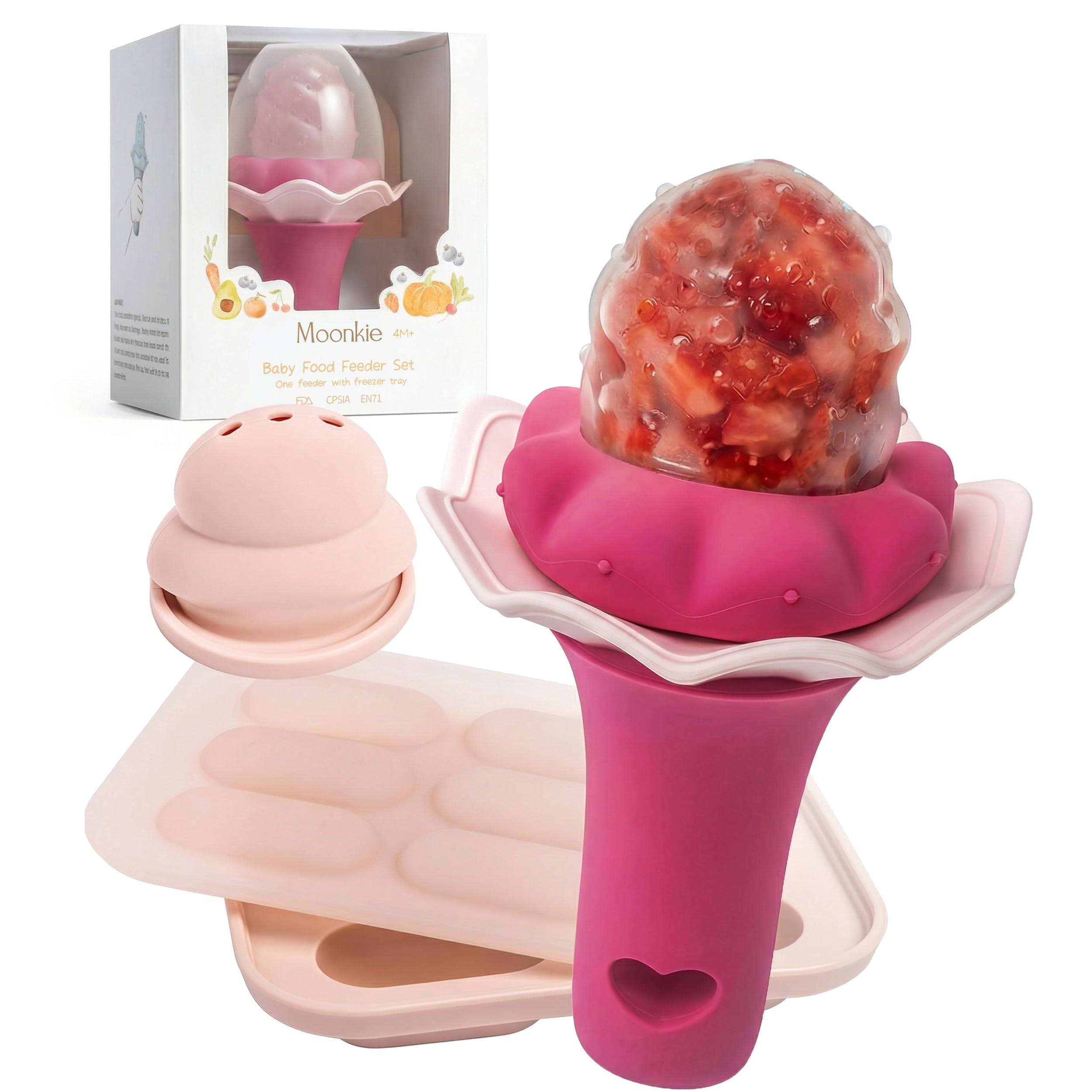 Moonkie Baby Fruit Feeder for Self-Feeding: Controlled Flow Design with 2 Pouches for Safe First Foods - BPA Free Silicone Food Feeder with Freezer Tray for Cooling Comfort - 4 Months+ - 1 Pack