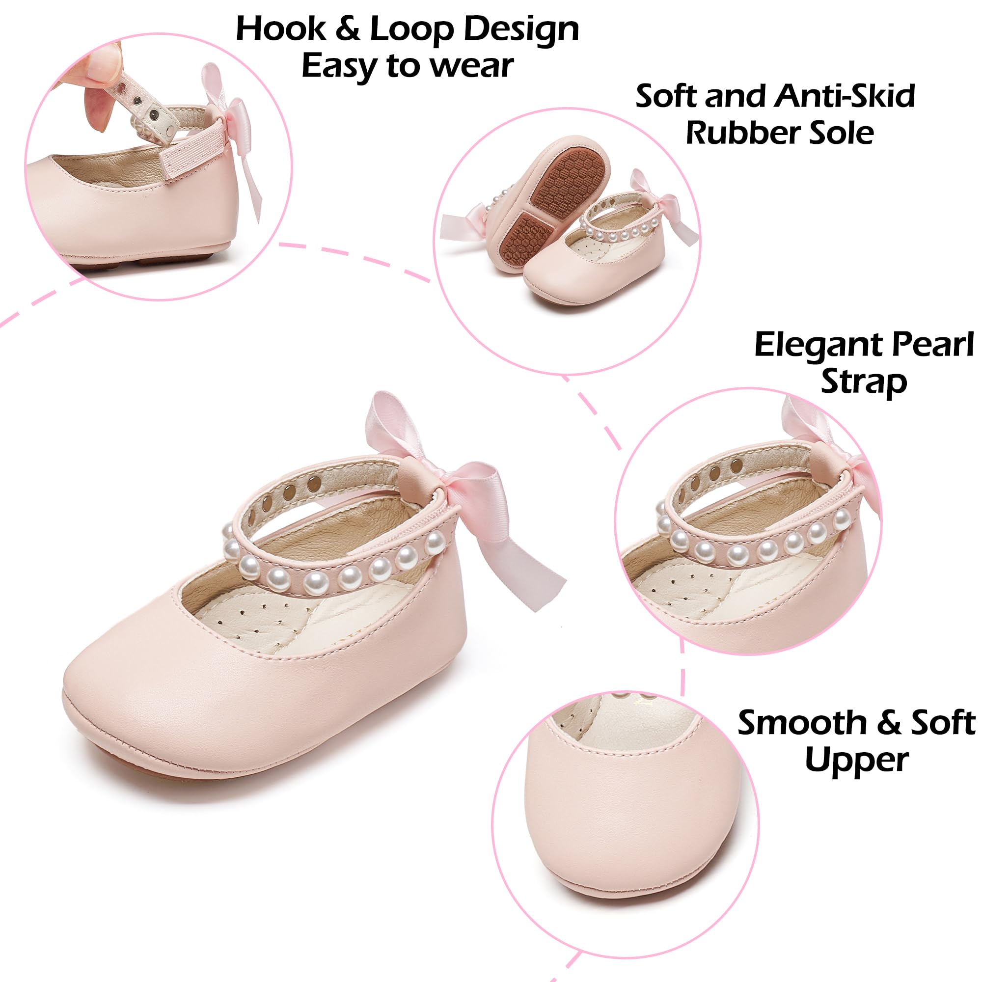 PHIRAMIN Baby Girls Pink Mary Jane Flats - Infant 9-12 Months Walking Shoes Soft Rubber Sole Princess Wedding