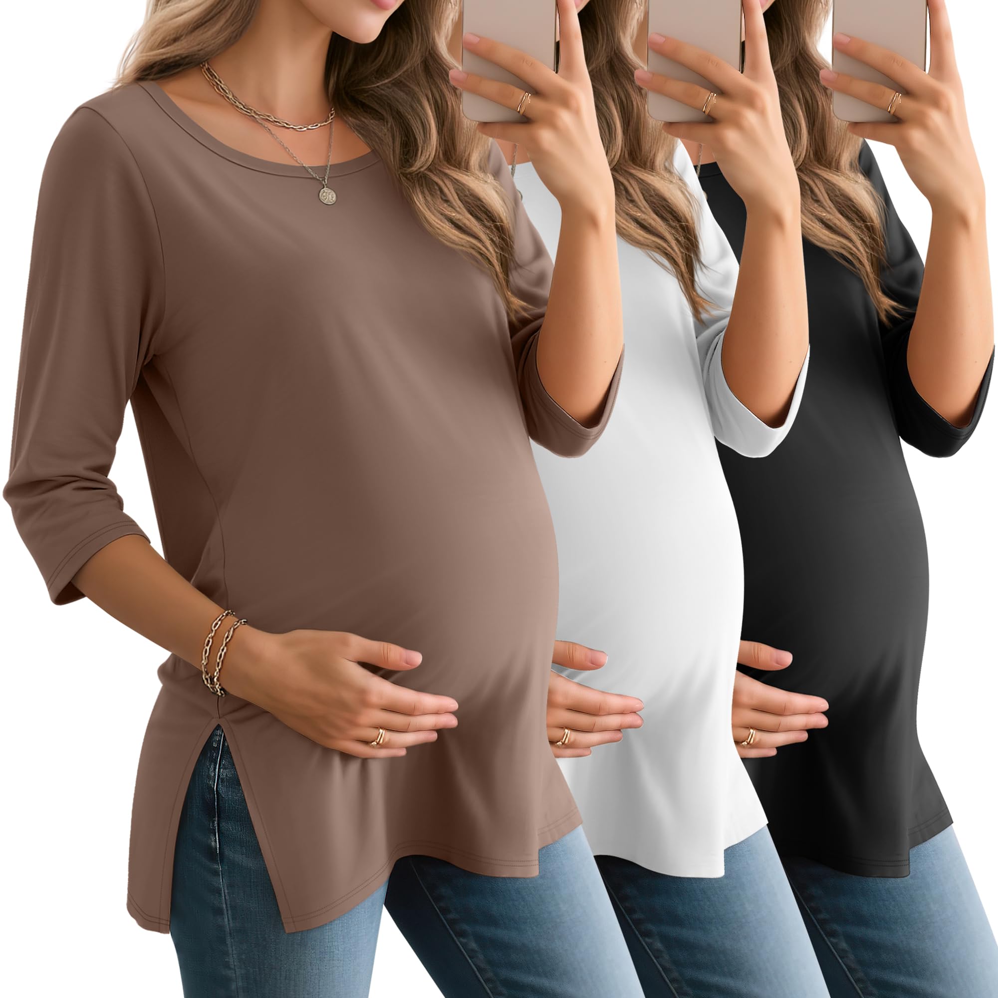 Baggyfly 3 Pack Women's Maternity Round Neck Tunics Tops, 3-Color, XX-Large