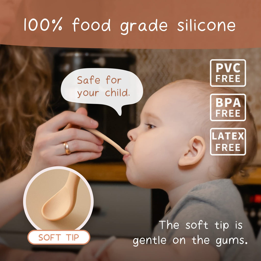 Moonkie Silicone Baby Spoons Set of 4, Toddler Spoons for Self Feeding 6 Months, Two Sizes Feeding Spoons for First Stage 4+ Months, Infant, Baby Utensils with Case, Bendable, Chewproof & Boil-proof