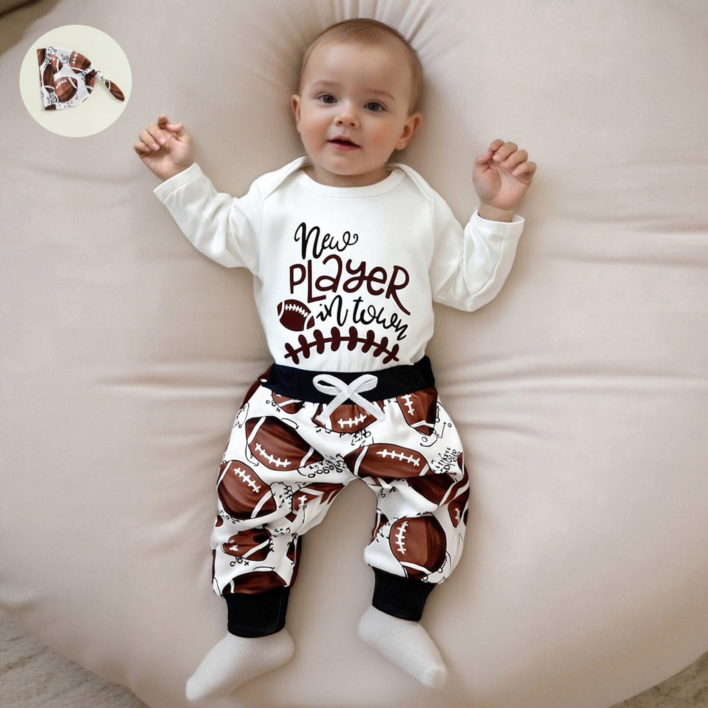 Doqcey Newborn Baby Boy Football Clothes New Player in Town Long Sleeve Romper Long Pants Hat Set Fall Coming Home Outfit (White-A, 3-6 Months)