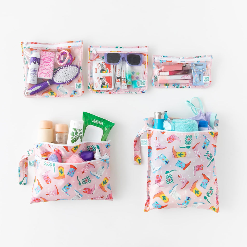 Bumkins - Waterproof Wet Bag, Wet/Dry Clutch & Clear Travel Bags - For Beach, Baby, Travel, Cloth Diapers, Pump Parts, Pool, Gym, Toiletries - Reusable & Easy to Clean - Cowgirl Boots - 5 Pack