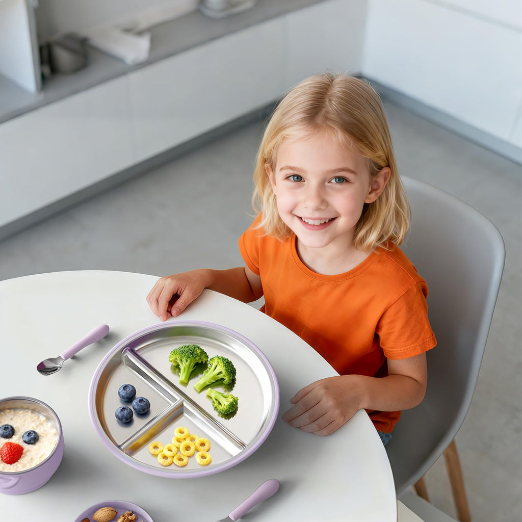 Bakpoco Stainless Steel Suction Plates for Toddlers, 9" Divided Kids Baby Plates with Removable Silicone Suction, Non Toxic Non Slip Portion Control Snack Dishes 3 Packs, Pink Beige Lilac