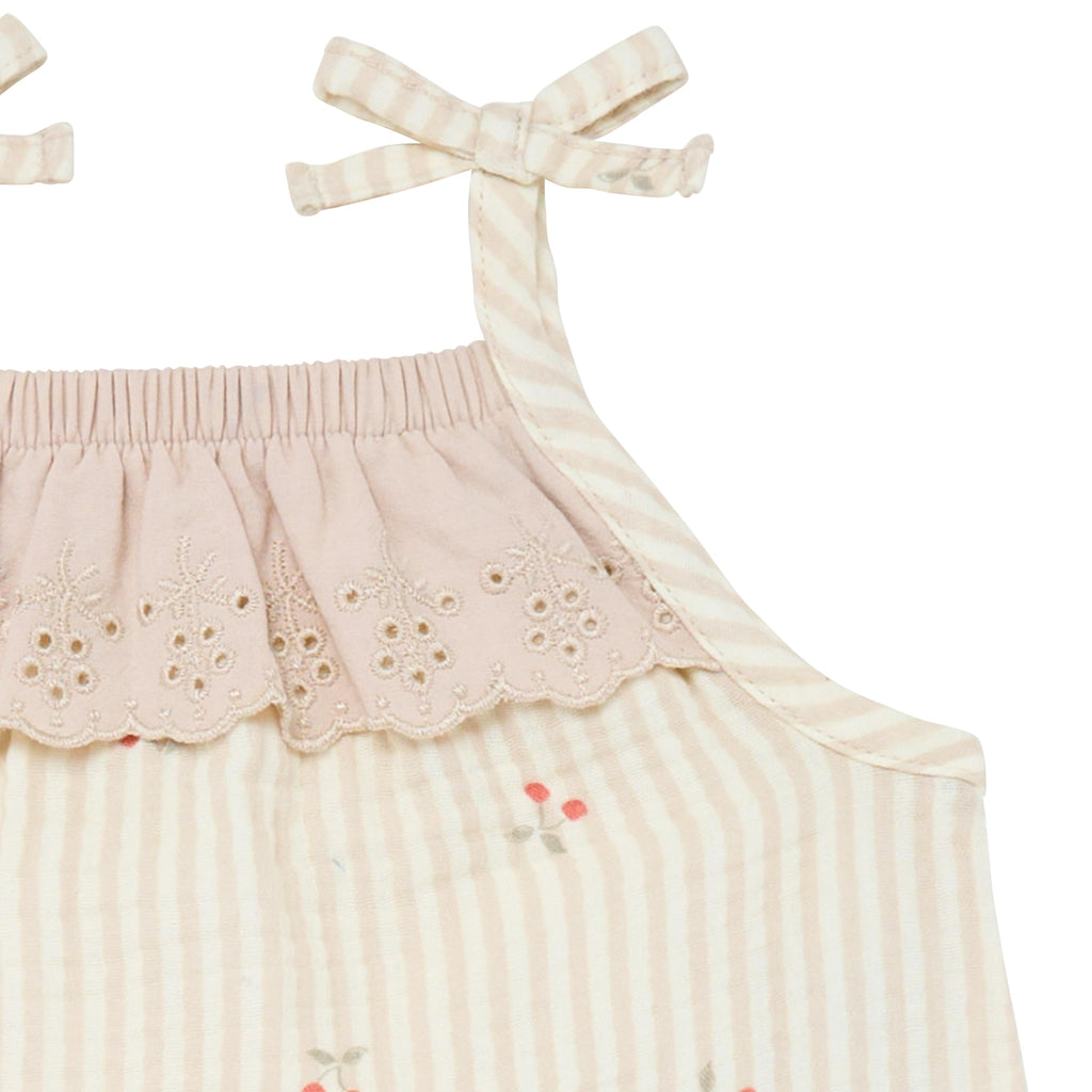 Modern Moments by Gerber Baby Girls' Sleeveless Ruffle Romper, Beige Cherry Stripe, 18 Months