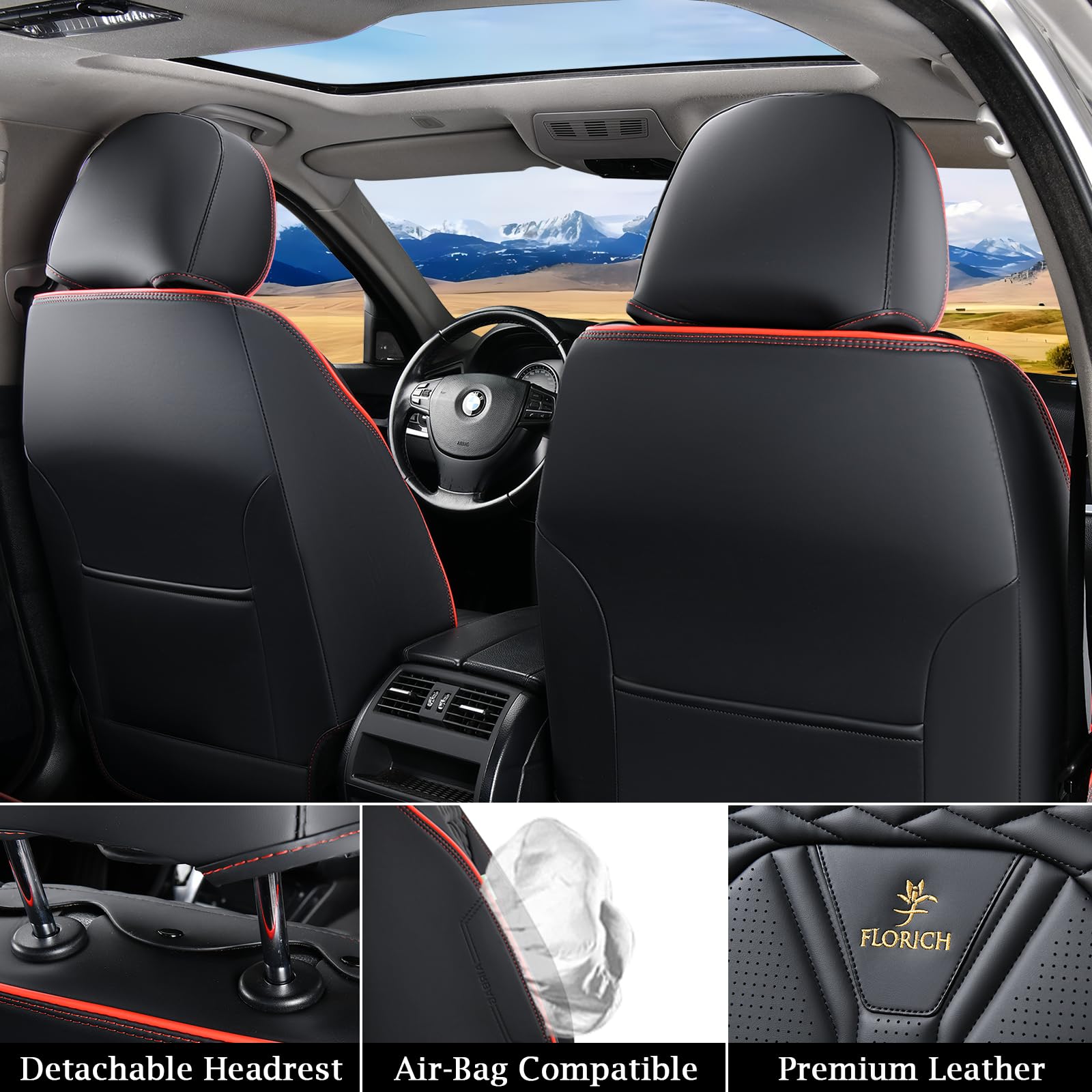 FLORICH Leather Seat Covers, Seat Covers Full Set, Car Seat Protectors 5 Seats, Automotive Seat Covers Fit for Most Cars Trucks SUV-Black&Red Line
