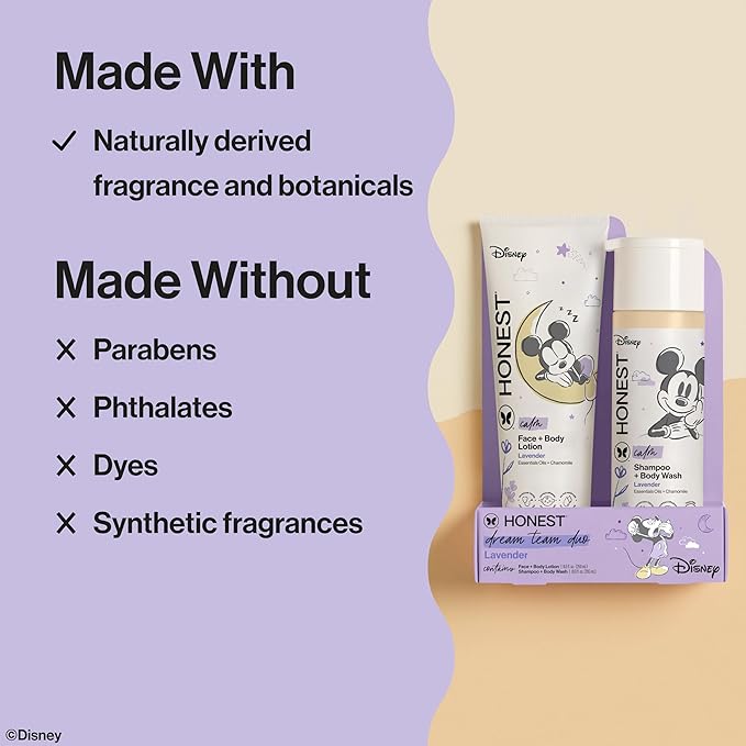 The Honest Company 2-in-1 Cleansing Shampoo and Body Wash and Face and Body Lotion Bundle and Disney Design Gentle Enough for Baby Dermatologist Tested Calm Lavender 18.5 fl oz