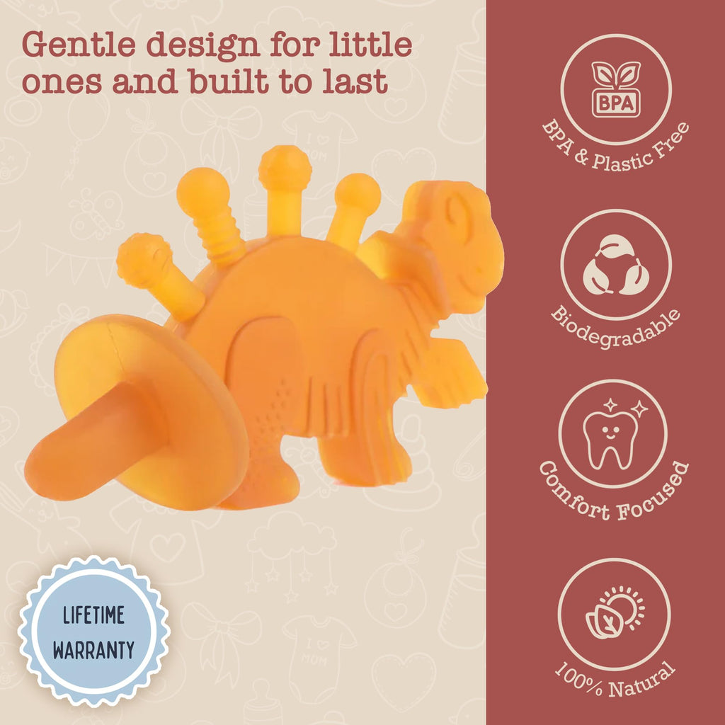 Bambeado Dibly Baby Teething Toy - Made with Natural Rubber & Amber Elements - Gentle Support, Easy to Hold, Simple to Clean - Cute Dinosaur Teether Toy - Alternative to Amber Teething Necklace