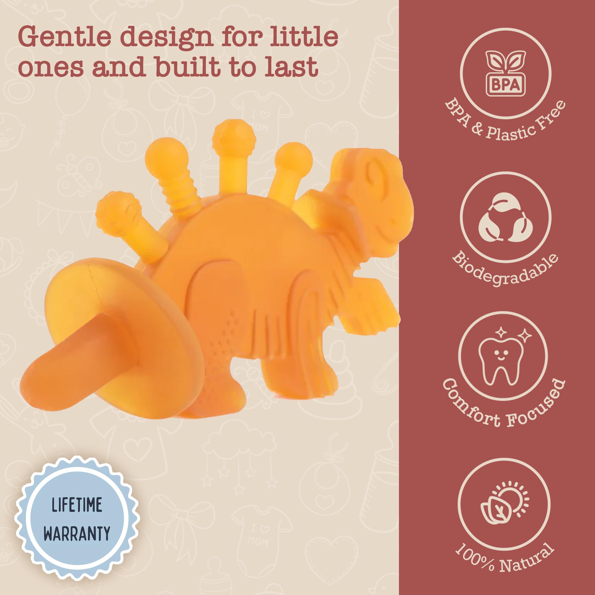 Bambeado Dibly Baby Teething Toy - Made with Natural Rubber & Amber Elements - Gentle Support, Easy to Hold, Simple to Clean - Cute Dinosaur Teether Toy - Alternative to Amber Teething Necklace