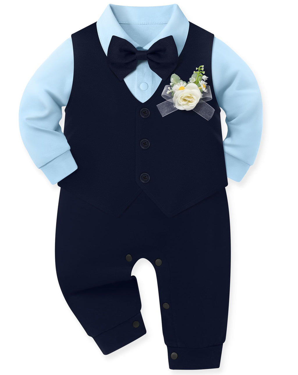 mikiumkee Baby Boy Suit Gentleman Clothes Wedding Outfits Formal Jumpsuit Long Sleeve Romper+Vest Navy Blue 18-24 Months
