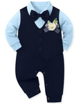 mikiumkee Baby Boy Suit Gentleman Clothes Wedding Outfits Formal Jumpsuit Long Sleeve Romper+Vest Navy Blue 18-24 Months