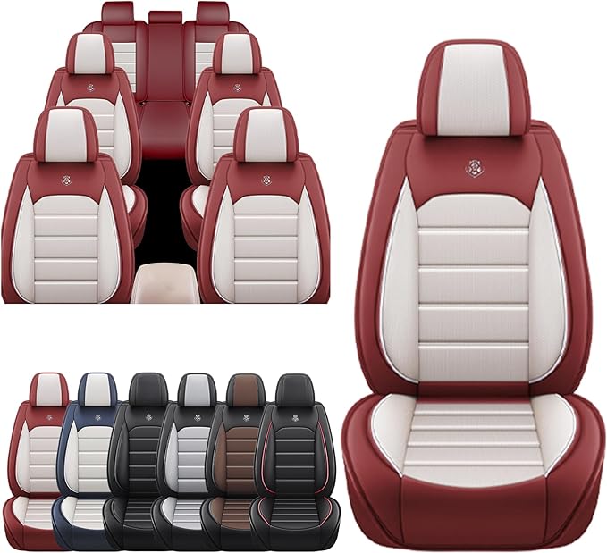 JOJ Car Seat Cover Fit for Toyota Highlander 2001-2025,7 Seat Car Seat Cover,No-Slip Waterproof Breathable Faux Leather Automotive Seat Covers Auto Interior Covers,Full Set,Cream Red