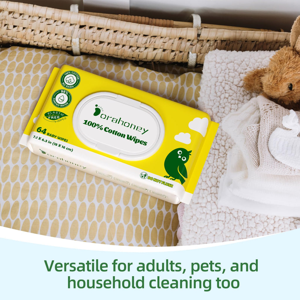 Dorahoney 100% USA Cotton Baby Wipes for Sensitive Skin, 99% Purified Water Unscented Wet Wipes, Hypoallergenic & Plastic-Free, 768 Count (12 Flip-Top Packs of 64)