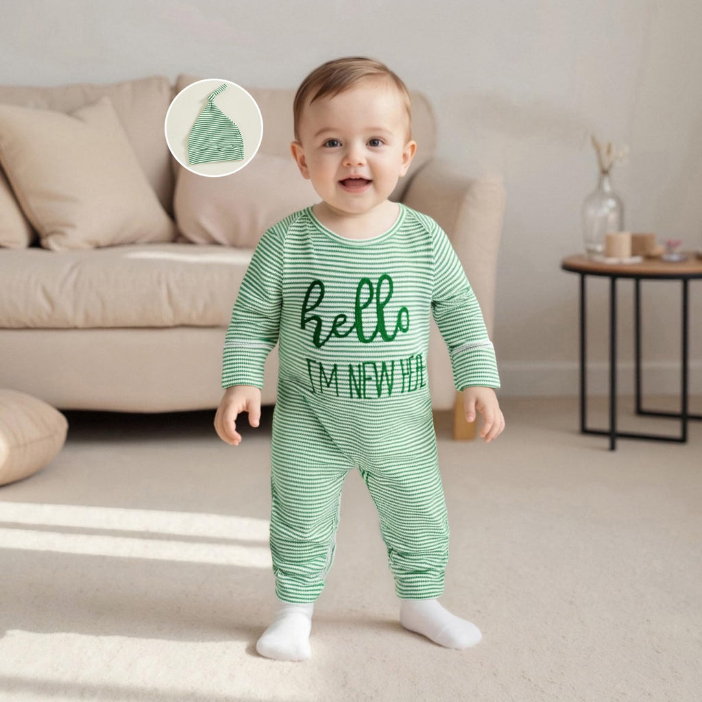 Fernvia Newborn Baby Boy Clothes Letters Print Bodysuit 3 6 9 12 18 Months Long Sleeve Jumpsuit with Hat 2PCS Outfits Set (D Green, 3-6 Months)