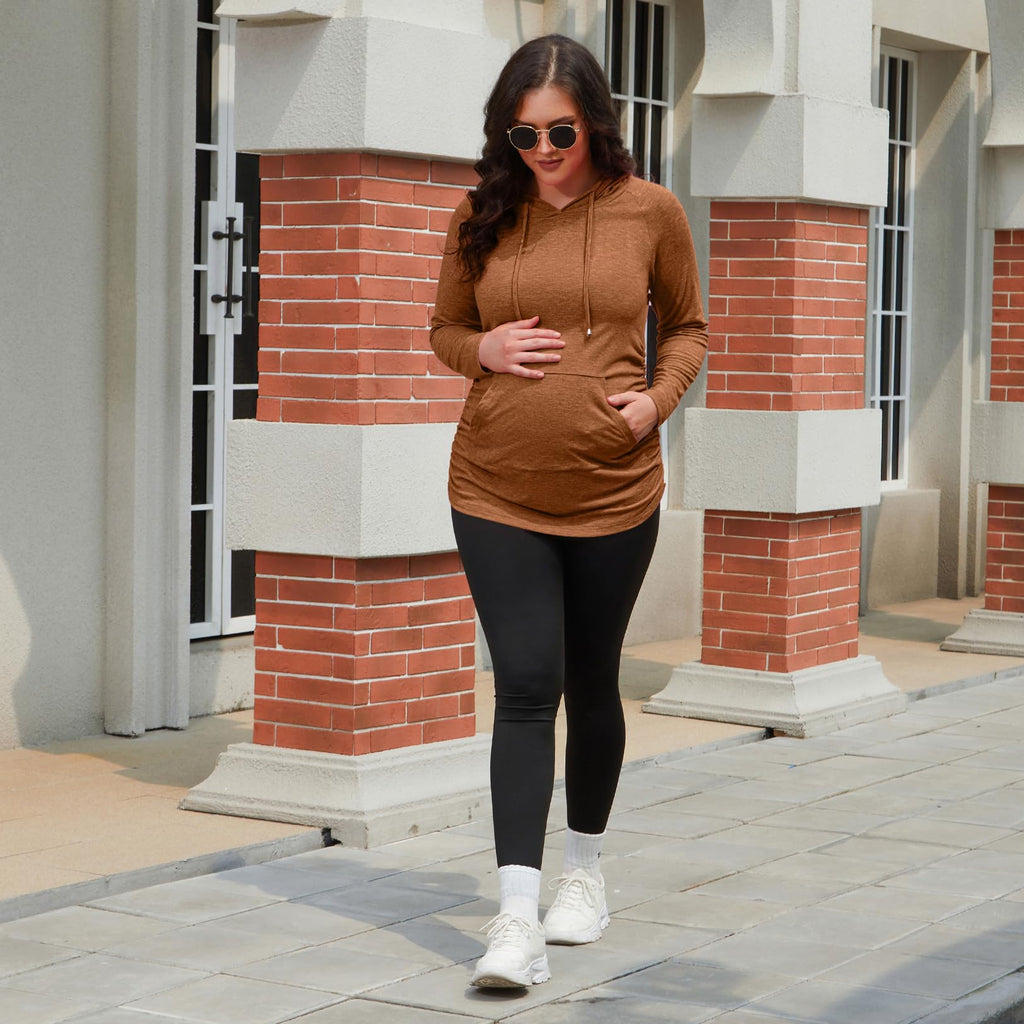 GINKANA Maternity Long Sleeve Hooded Sweatshirt Lightweight Maternity Casual Hoodie Long Sleeve Tunic Top,Dark Orange,S