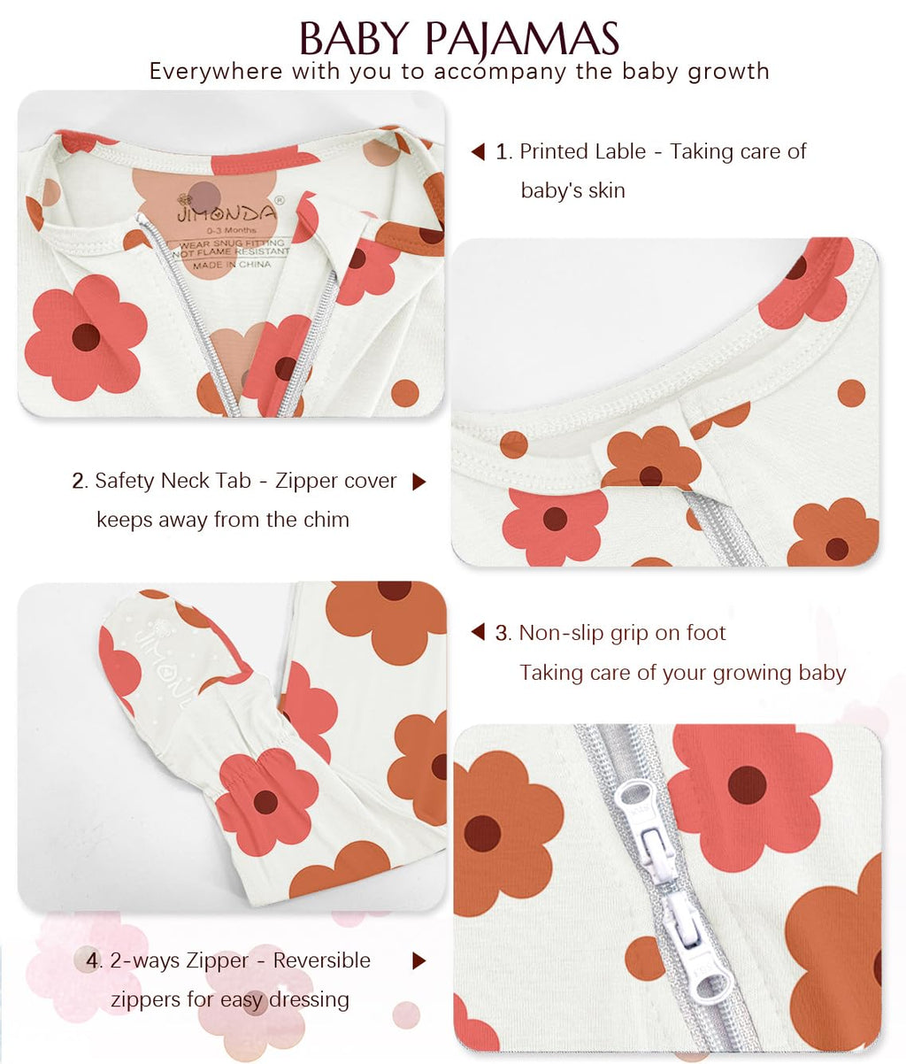 Jimonda Baby Girls Boys Bamboo Rayon Pajamas,Footed Pjs(Flower&Rose,18-24 M)