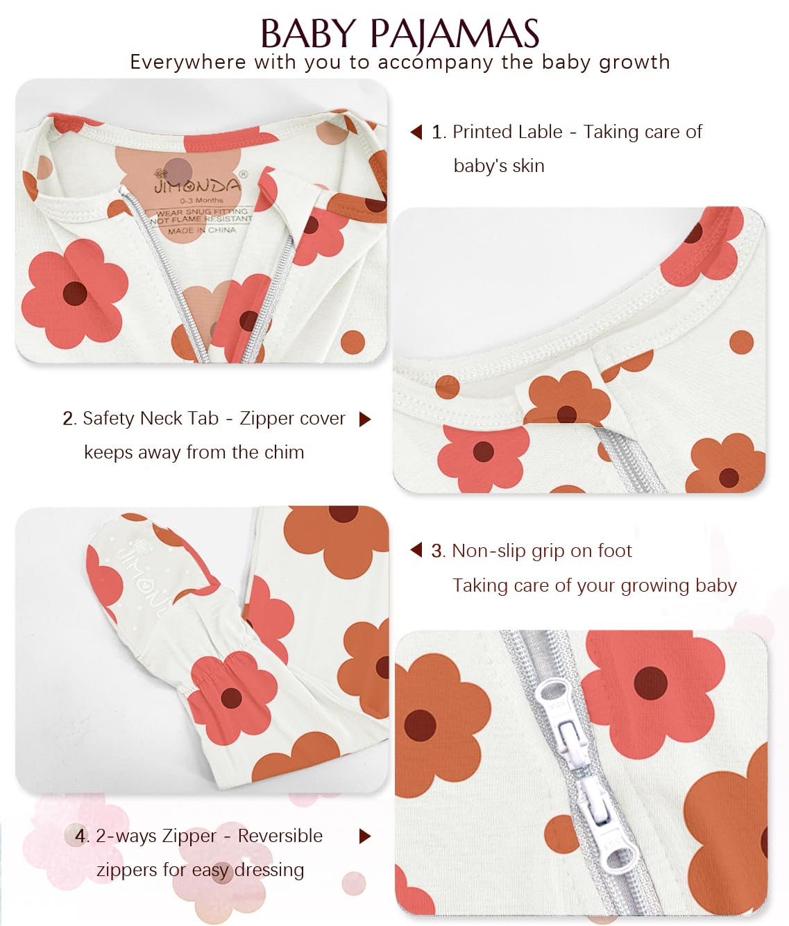 Jimonda Baby Girls Boys Bamboo Rayon Pajamas,Footed Pjs(Flower&Rose,18-24 M)