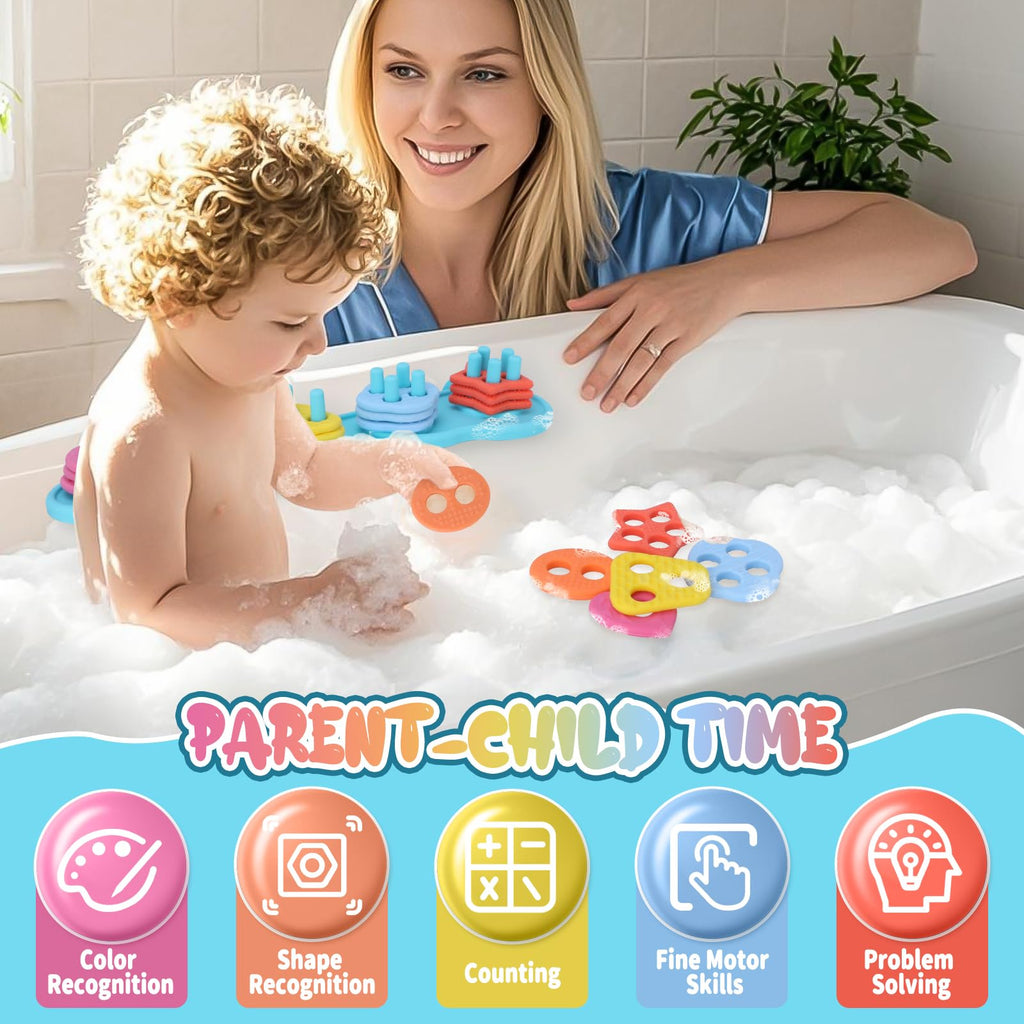 Baby Bath Toys, Mold Free Silcone Shape Sorting & Stacking Bath Toy Set with 20 Textured Floating Pieces, No Hole Design, Silicone Color & Shape Sorter for Toddler Early Learning Bathtub Fun