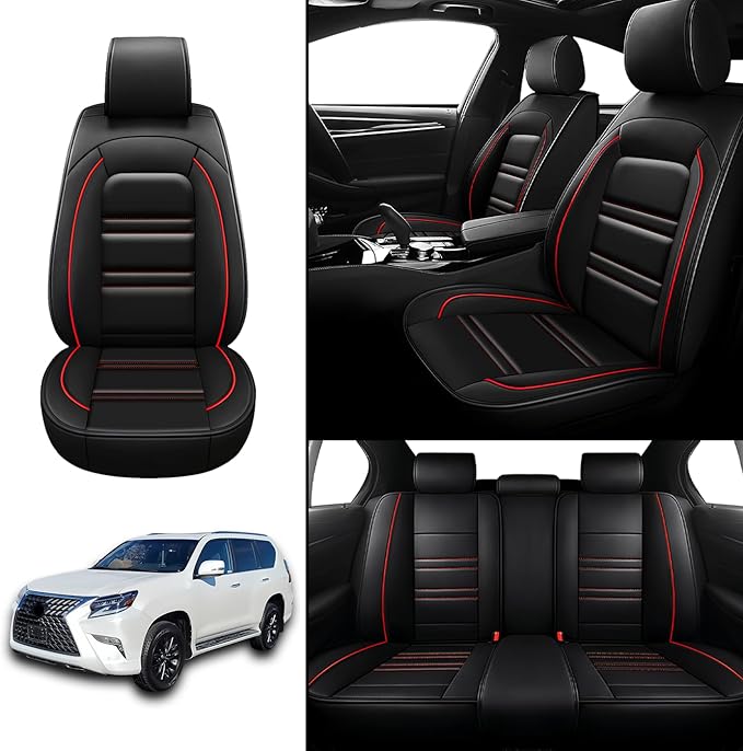 Seat Covers for Lexus Car gx460 2010-2023 | 5-Seats Leather Seat Covers, Easy to Install Automotive Seat Covers Full Set (Full Set, Black&Red Line)