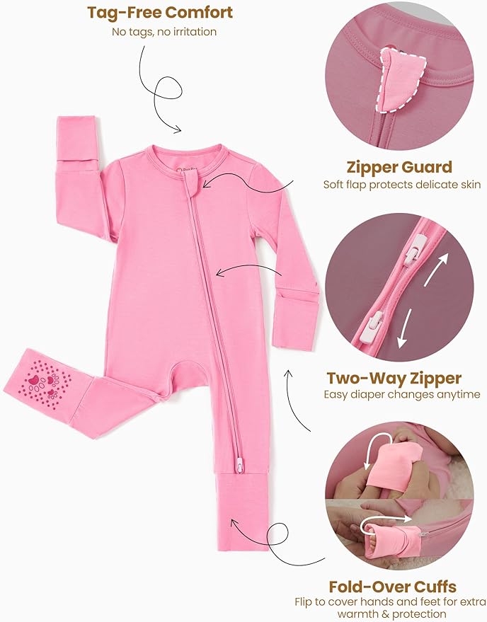PATPAT Baby Footie Romper with Mittens for Boy and Girl, Anti-Slip & 2-Way Zipper, Long Sleeve, Viscose from Bamboo, Outfit
