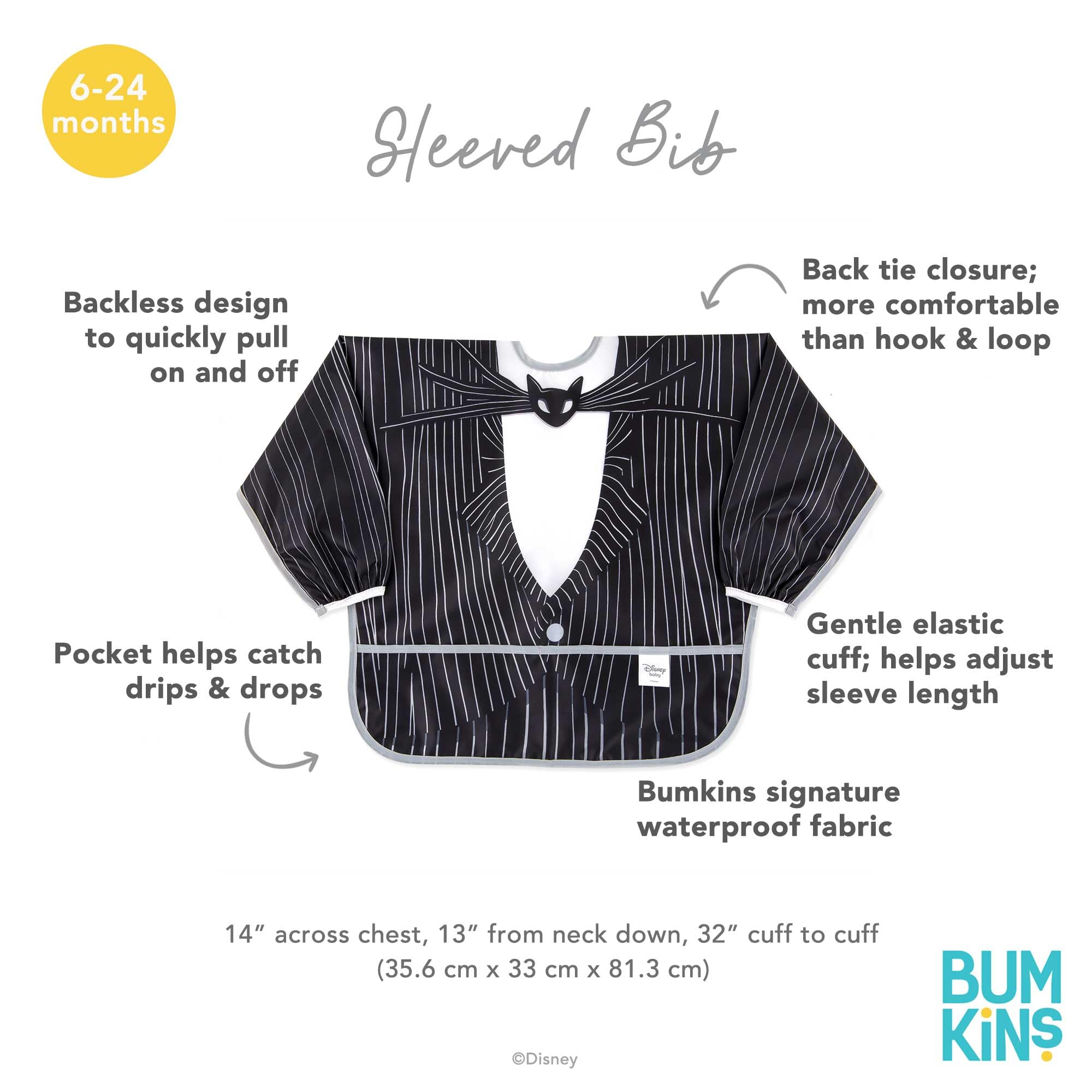 Bumkins Disney Sleeved Bib for Girl or Boy, Baby and Toddler for 6-24 Mos, Essential Must Have for Eating, Feeding, Baby Led Weaning Supplies, Long Sleeve Mess Saving Food Catcher, Jack Skellington