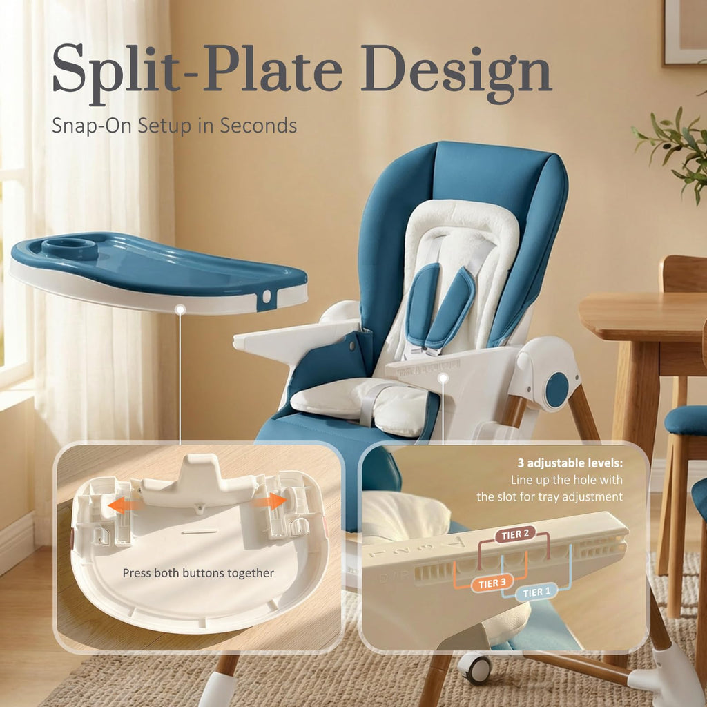 Foldable High Chairs for Babies and Toddlers, 3-in-1 Convertible Baby High Chair with Removable Soft Cushion and Tray, Adjustable Height & Recline, Lockable Wheels, Dark Blue