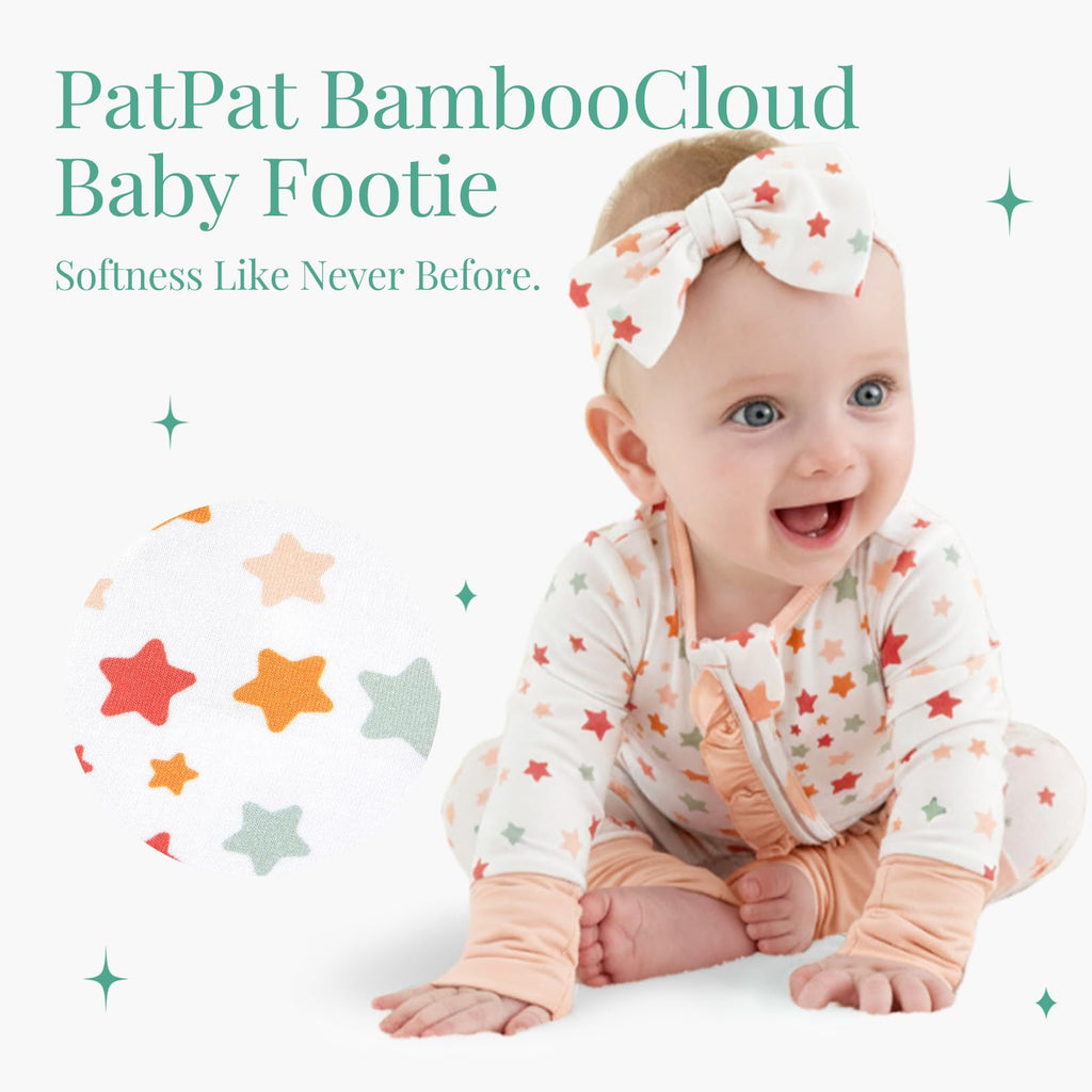 PATPAT Baby Girl Infant Clothes Footie – Soft Viscose from Bamboo, Stretch Feel – 2-Way Ruffled Zipper, Fold-Over Mittens & Cuffs Little Stars Newborn