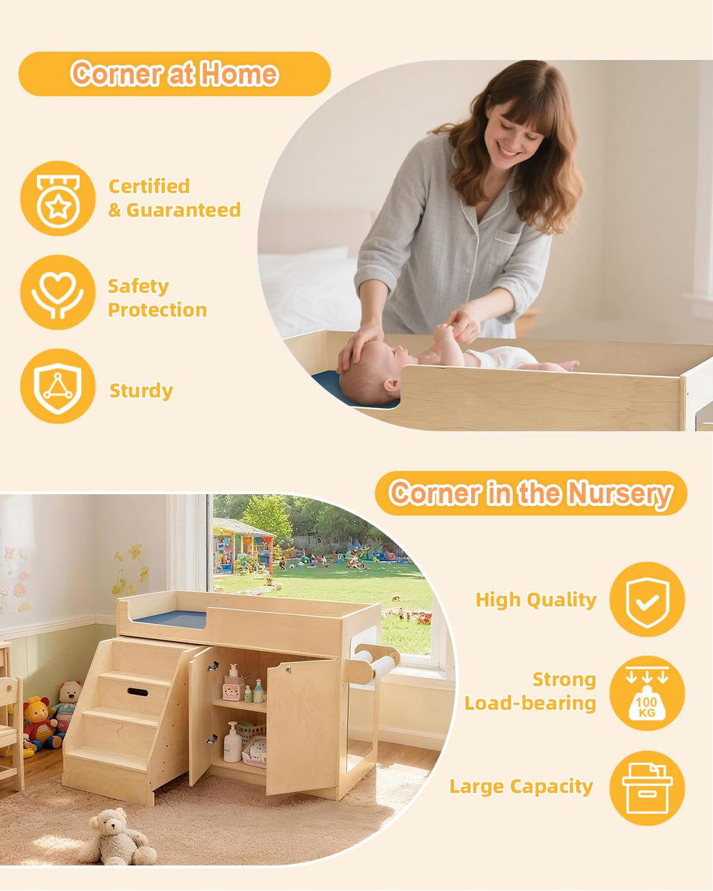 kidi house Wooden Baby Changing Table with Stairs, Mirror & Storage
