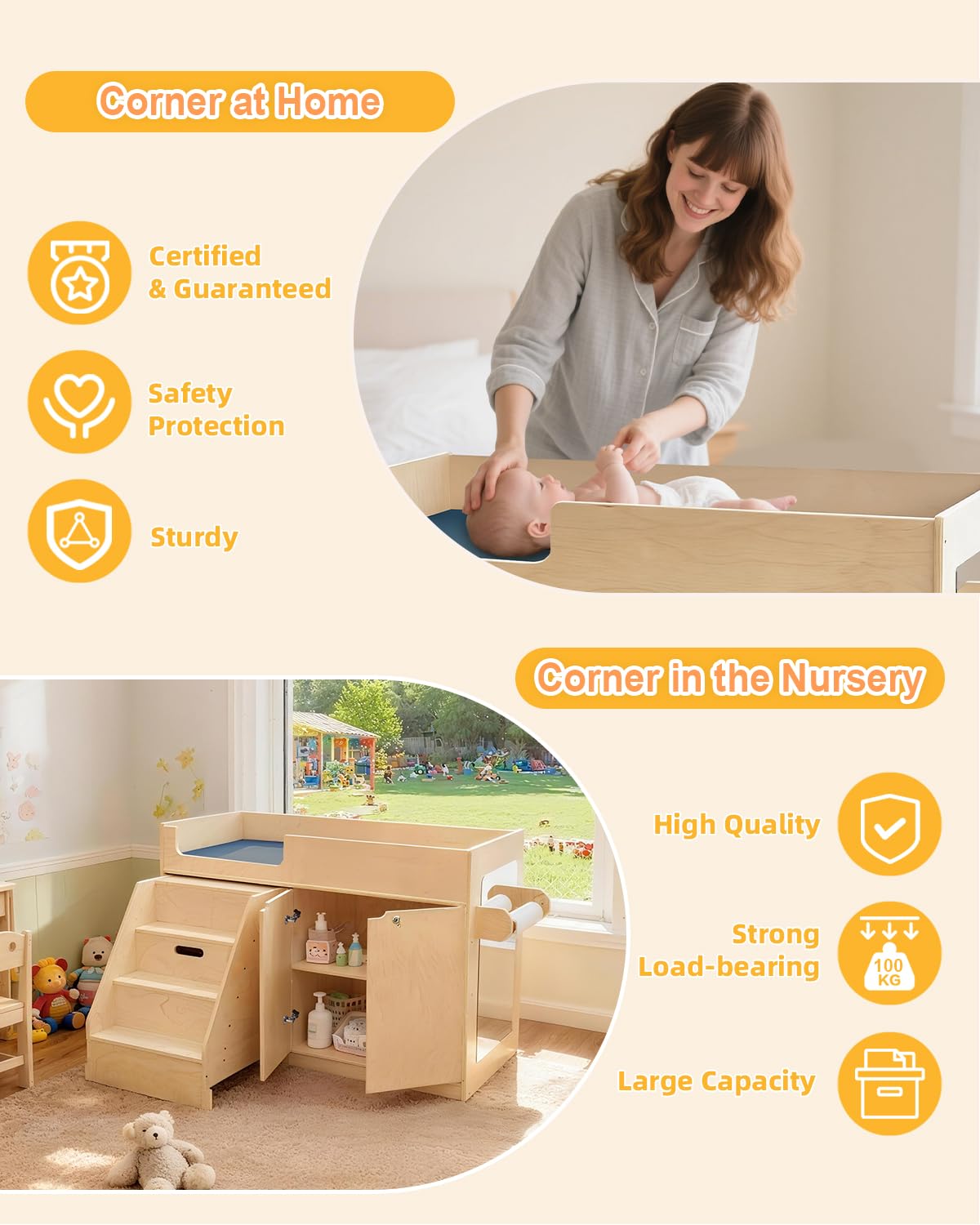 kidi house Wooden Baby Changing Table with Stairs, Mirror & Storage