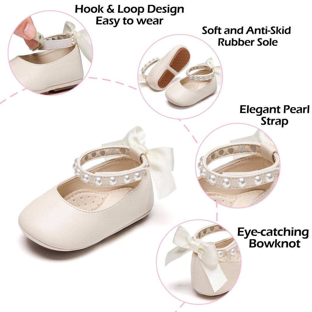 PHIRAMIN Baby Girls Beige Mary Jane Flats - Infant 9-12 Months Walking Shoes Soft Rubber Sole Princess Wedding