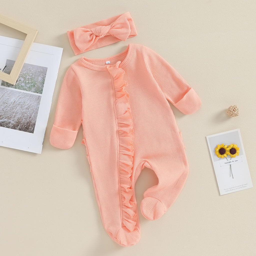 CIYCUIT Baby Girls Clothes Newborn Long Sleeve Zip Up Onesie Romper with Headband Fall Winter Outfits Orange 3-6 Months